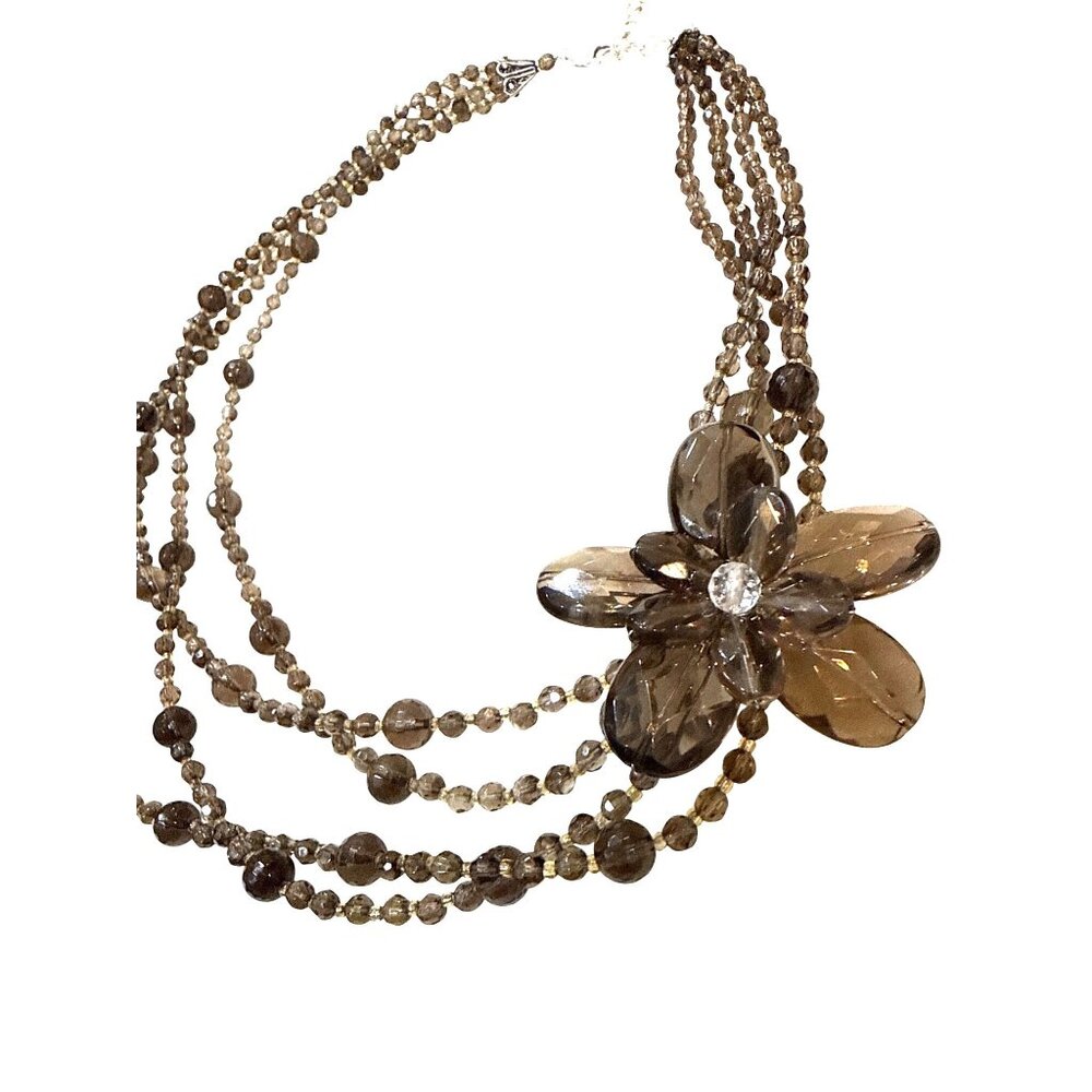 Smoky Quartz Beaded Necklace w Floral Pendant Multi-Strand Design Adjustable Cla